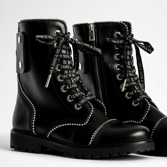 NIB Zadig & Voltaire Joe Ankle Boots Smooth Leather Studded Combat Black Sz 41 - Picture 1 of 16